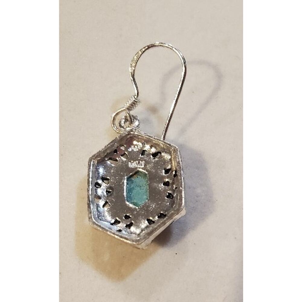 Southwest Style Earrings Dainty Small Turquoise Silver Tone 1.25" Signed - Picture 5 of 7